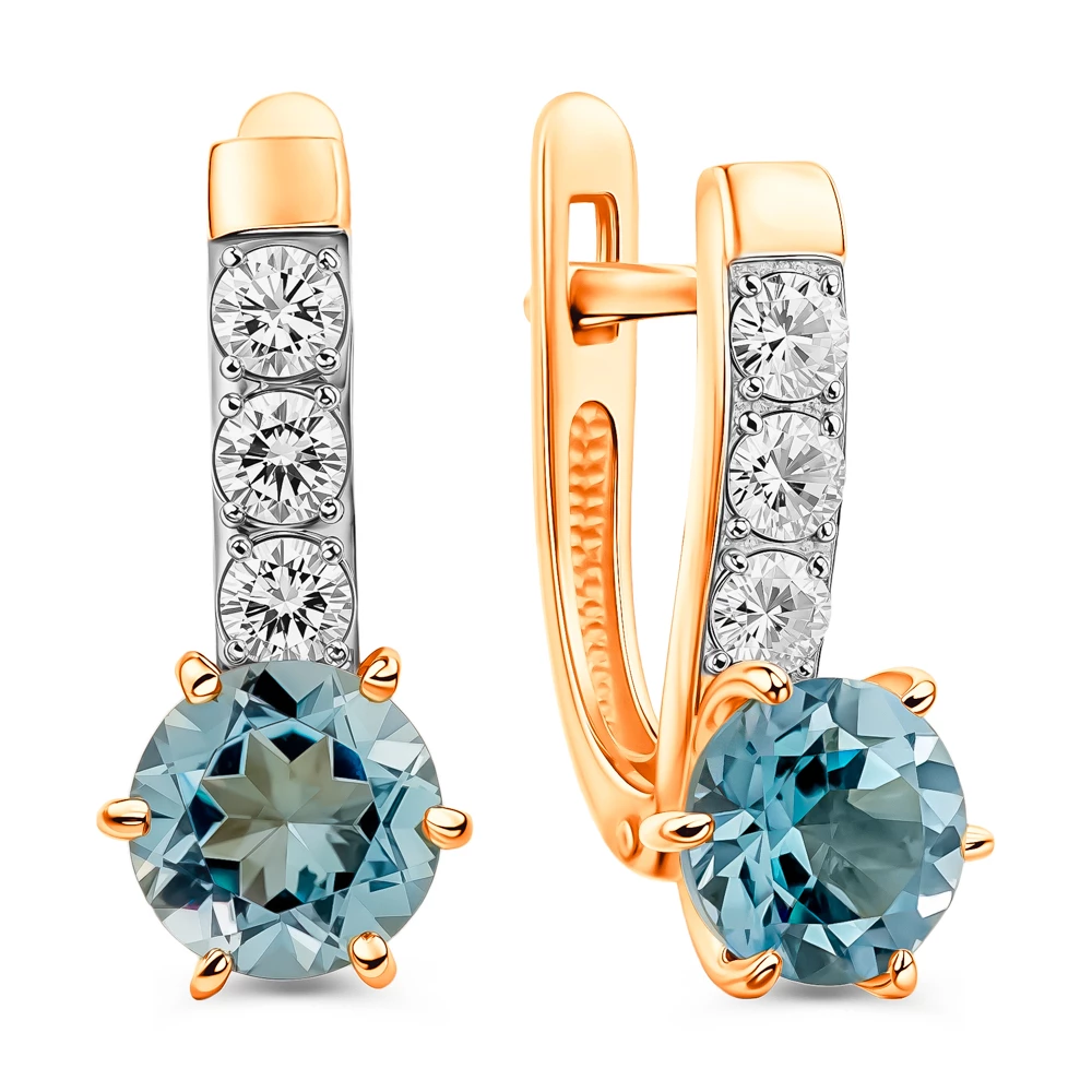 Серьги с топазами и фианитами из красного золота 585 пробы