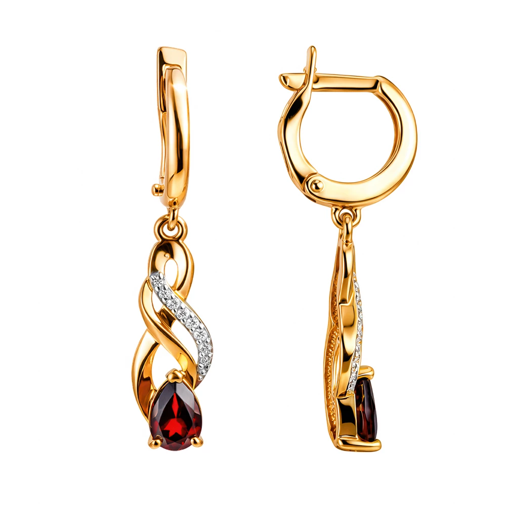 Серьги с гранатами и фианитами из красного золота 585 пробы