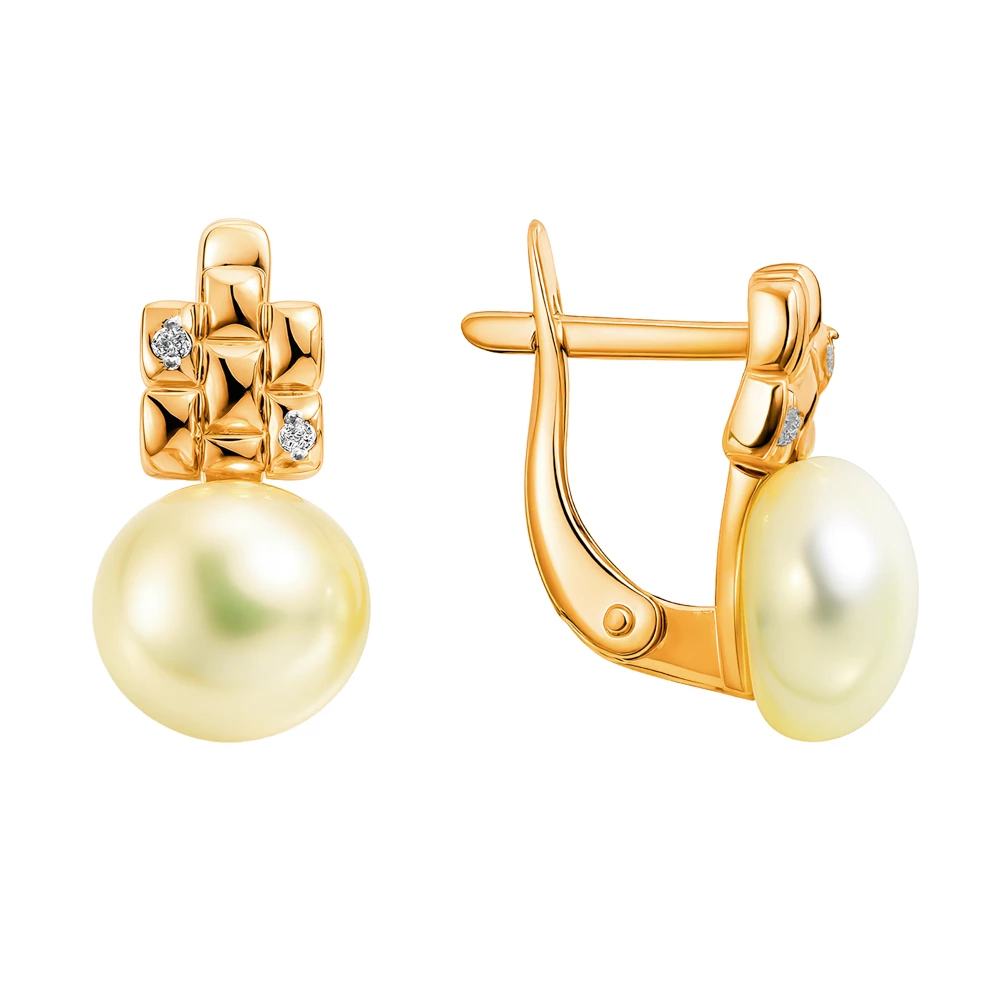 Серьги с культивированным жемчугом и фианитами из красного золота 375 пробы