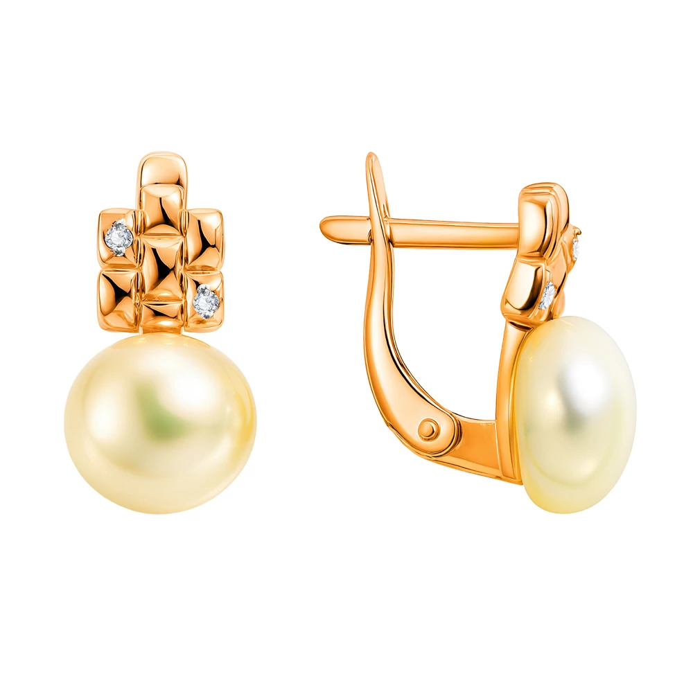 Серьги с культивированным жемчугом и фианитами из красного золота 375 пробы Серьги с культивированным жемчугом и фианитами из красного золота 375 пробы