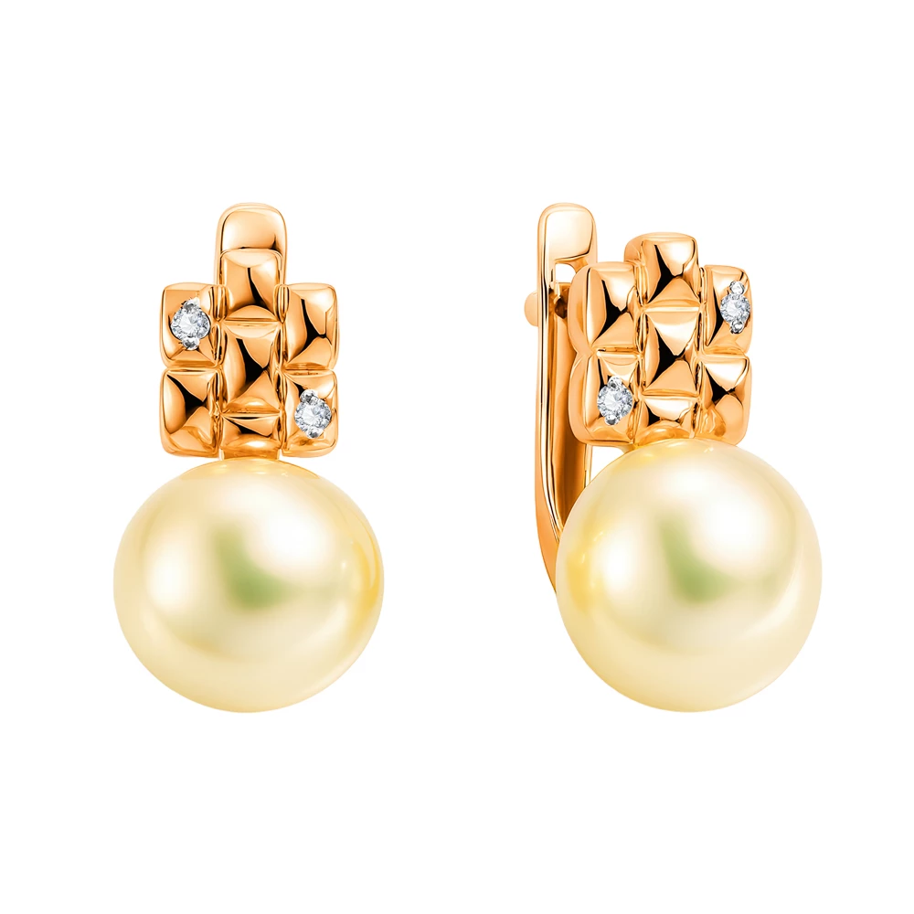 Серьги с культивированным жемчугом и фианитами из красного золота 375 пробы Серьги с культивированным жемчугом и фианитами из красного золота 375 пробы
