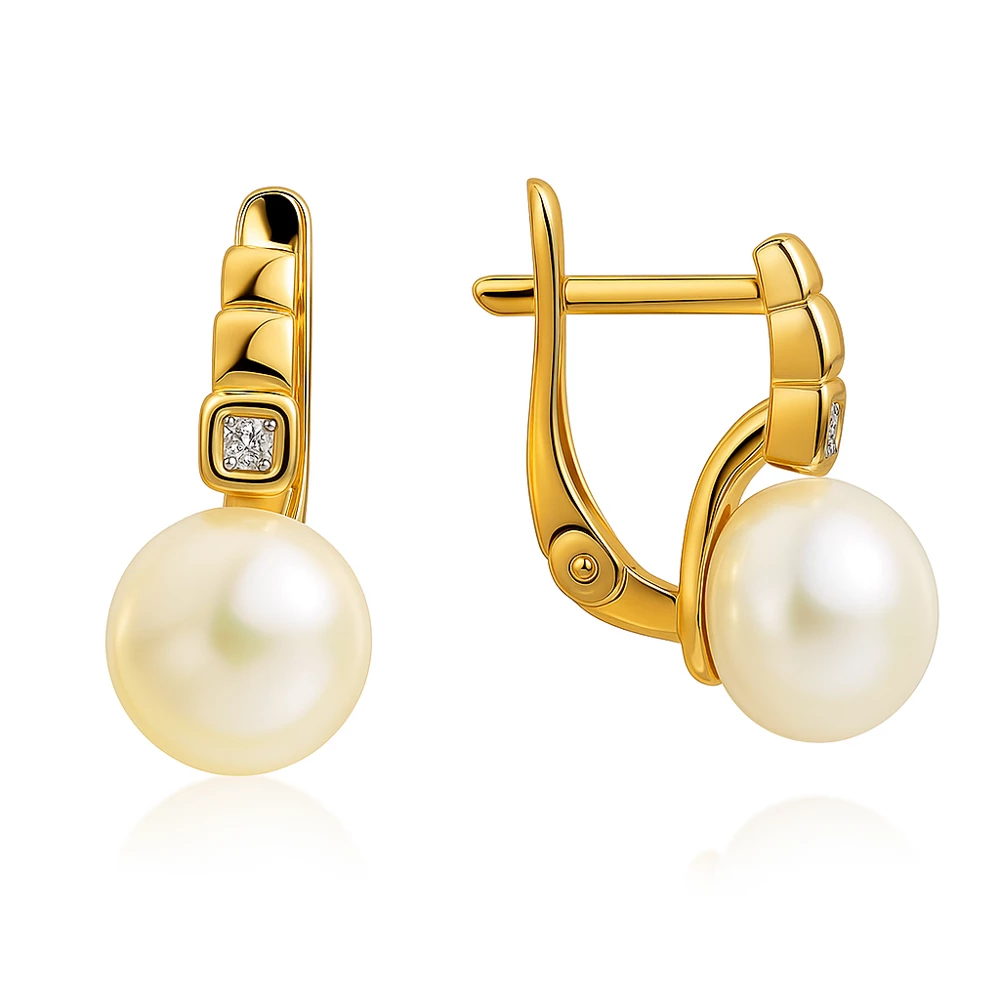 Серьги с культивированным жемчугом и фианитами из красного золота 375 пробы