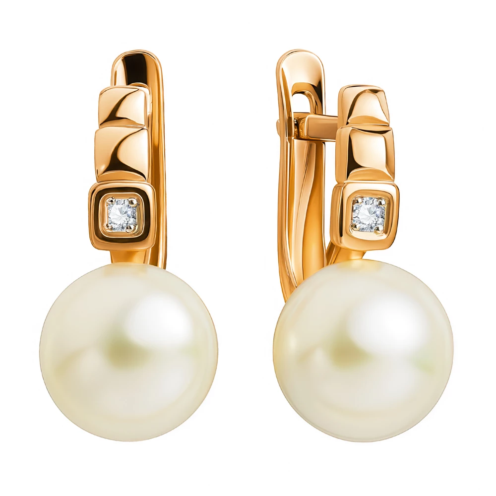 Серьги с культивированным жемчугом и фианитами из красного золота 375 пробы Серьги с культивированным жемчугом и фианитами из красного золота 375 пробы