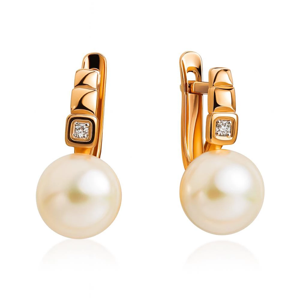 Серьги с культивированным жемчугом и фианитами из красного золота 375 пробы