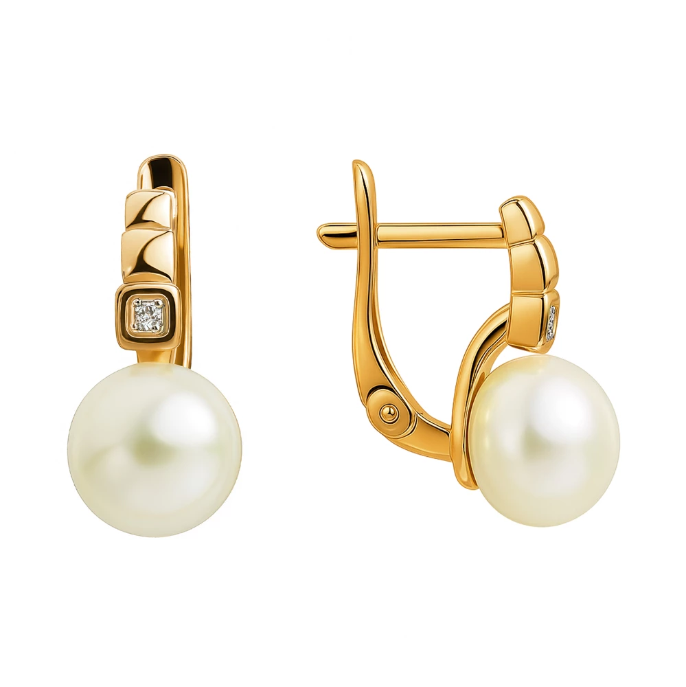 Серьги с культивированным жемчугом и фианитами из красного золота 375 пробы