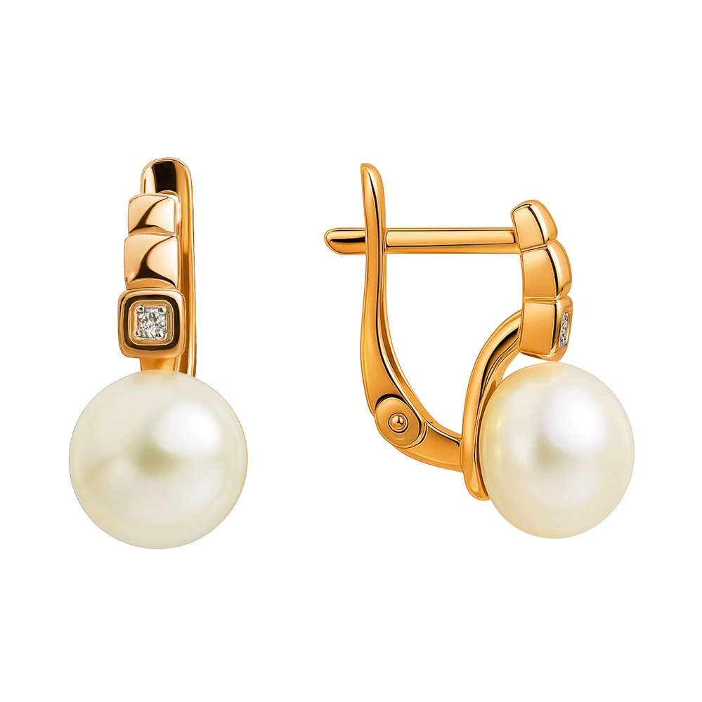 Серьги с культивированным жемчугом и фианитами из красного золота 375 пробы Серьги с культивированным жемчугом и фианитами из красного золота 375 пробы