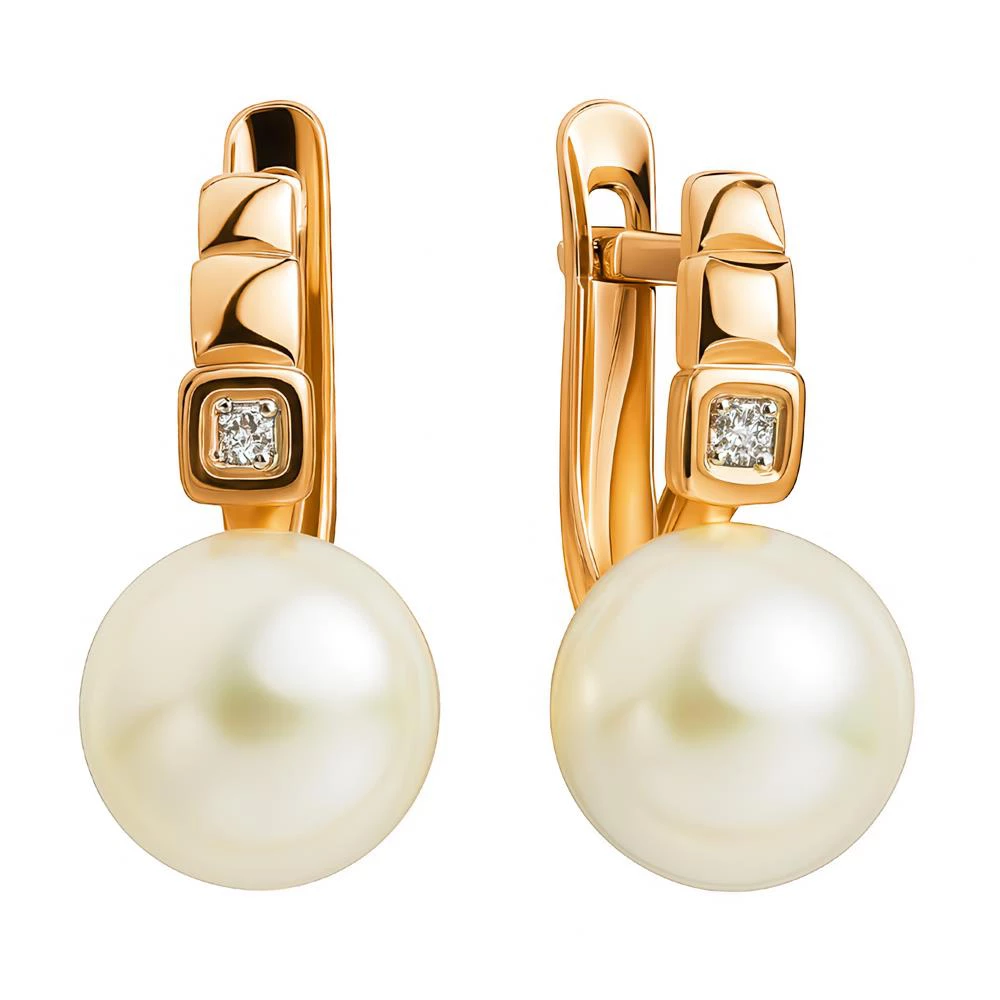 Серьги с культивированным жемчугом и фианитами из красного золота 375 пробы