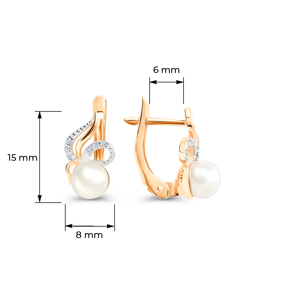 Серьги с культивированным жемчугом и фианитами из красного золота 375 пробы