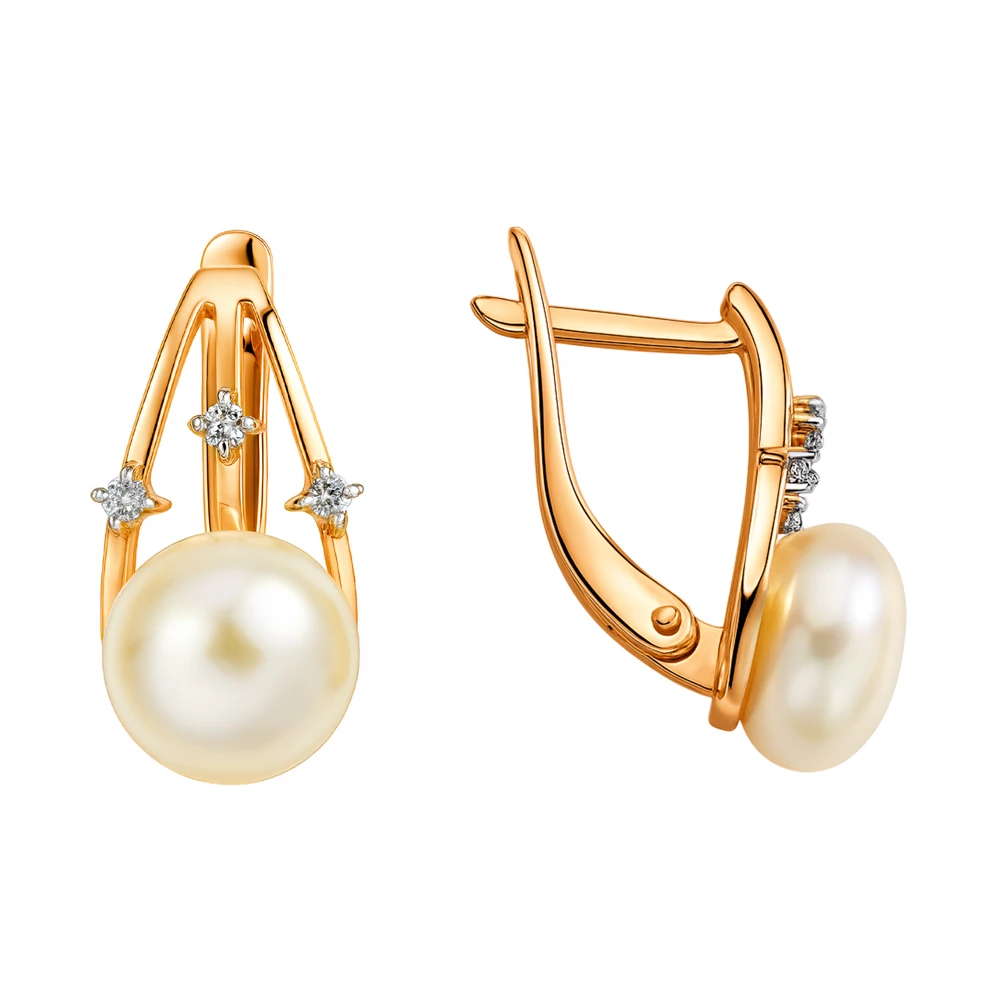 Серьги с культивированным жемчугом и фианитами из красного золота 585 пробы Серьги с культивированным жемчугом и фианитами из красного золота 585 пробы