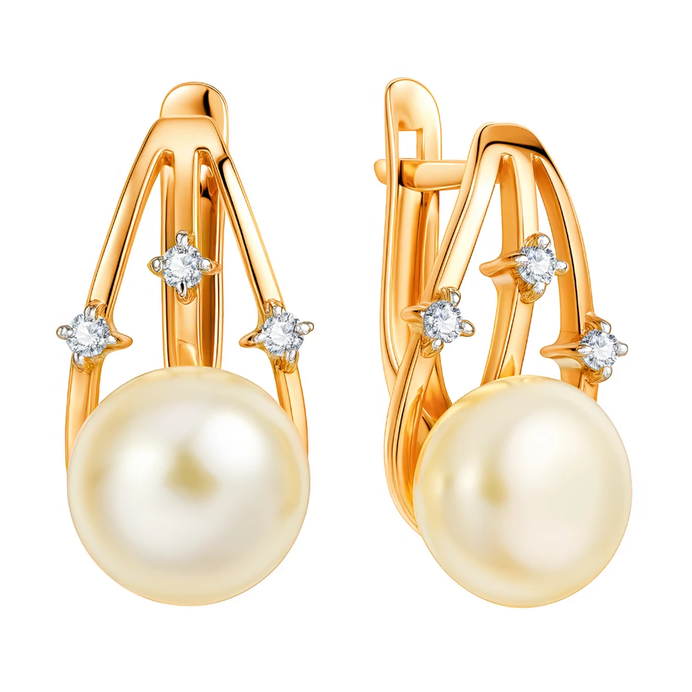 Серьги с культивированным жемчугом и фианитами из красного золота 585 пробы