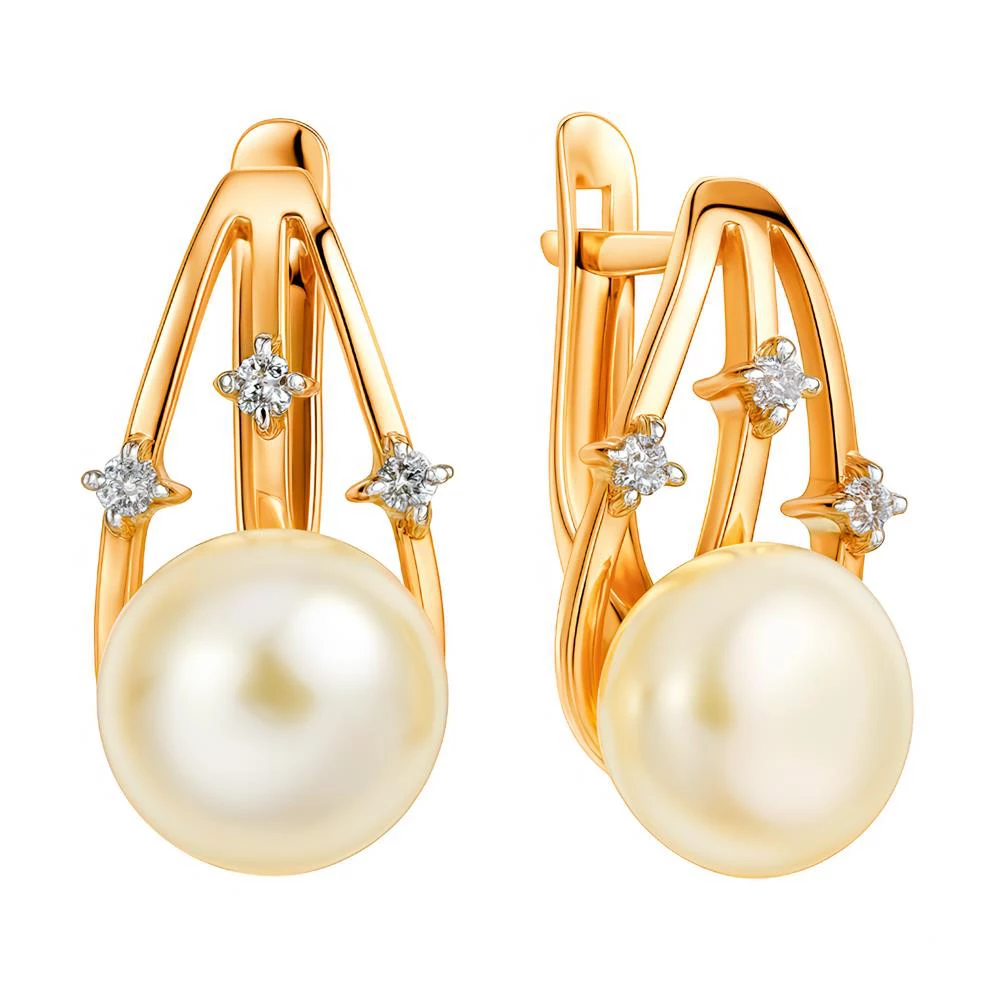 Серьги с культивированным жемчугом и фианитами из красного золота 585 пробы