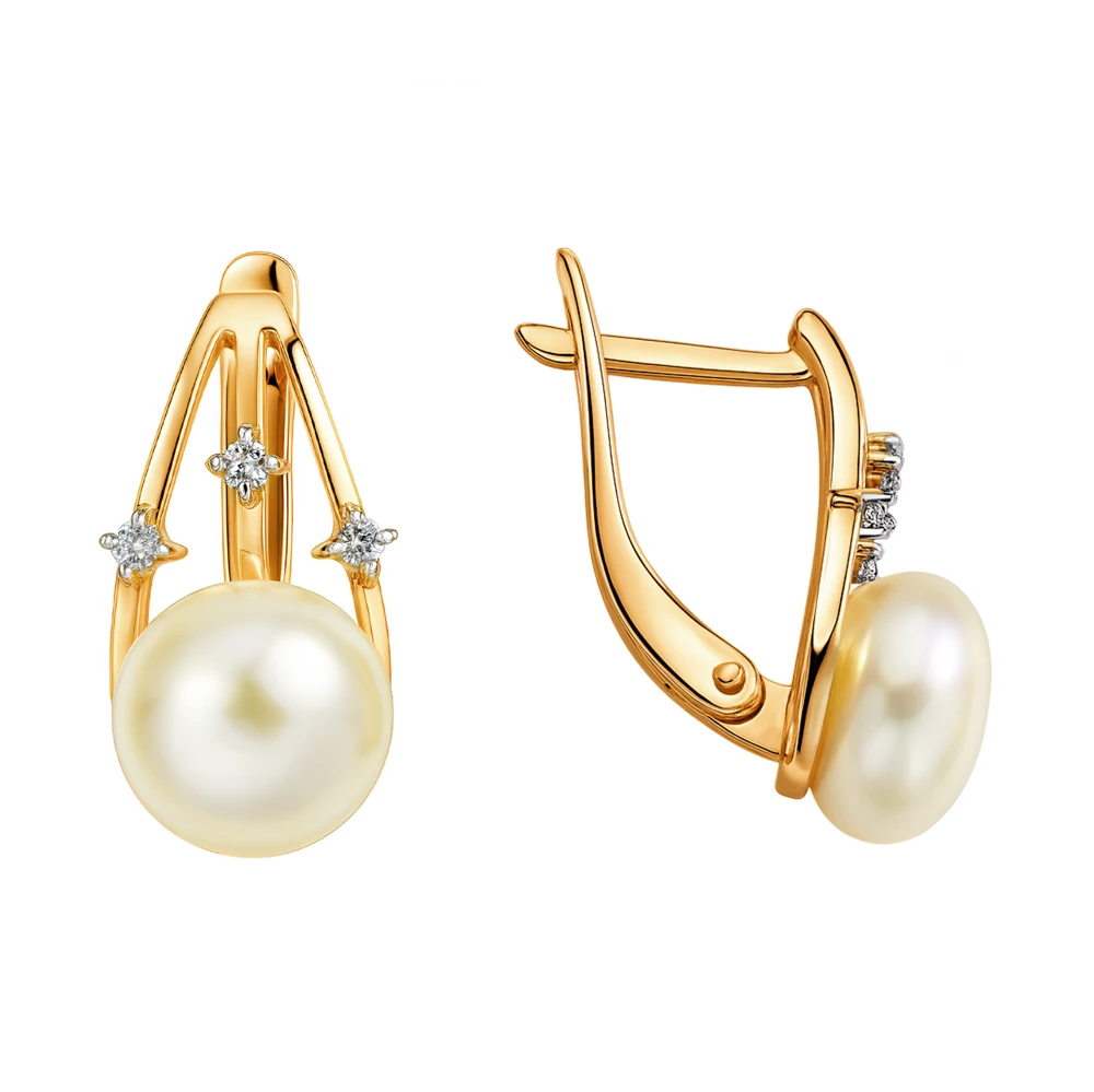 Серьги с культивированным жемчугом и фианитами из красного золота 585 пробы