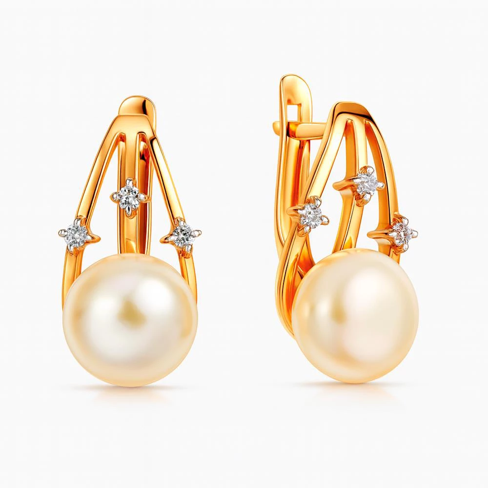 Серьги с культивированным жемчугом и фианитами из красного золота 585 пробы Серьги с культивированным жемчугом и фианитами из красного золота 585 пробы
