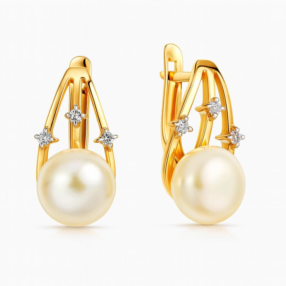 Серьги с культивированным жемчугом и фианитами из красного золота 585 пробы Серьги с культивированным жемчугом и фианитами из красного золота 585 пробы