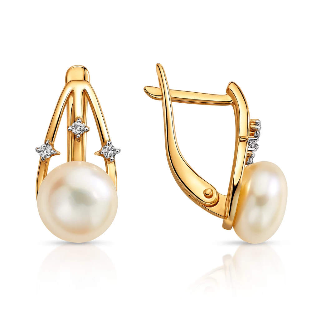 Серьги с культивированным жемчугом и фианитами из красного золота 585 пробы Серьги с культивированным жемчугом и фианитами из красного золота 585 пробы