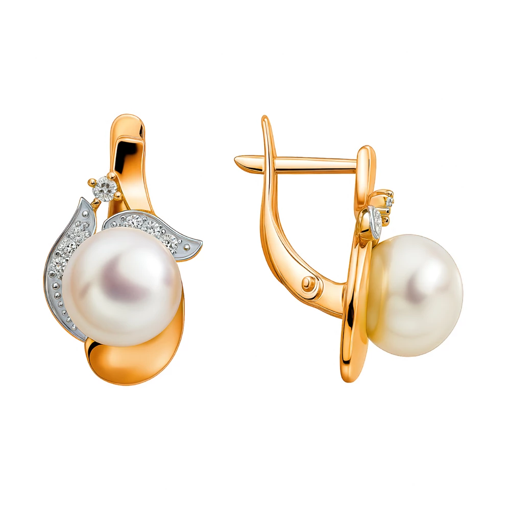 Серьги с культивированным жемчугом и бриллиантами из красного золота 585 пробы