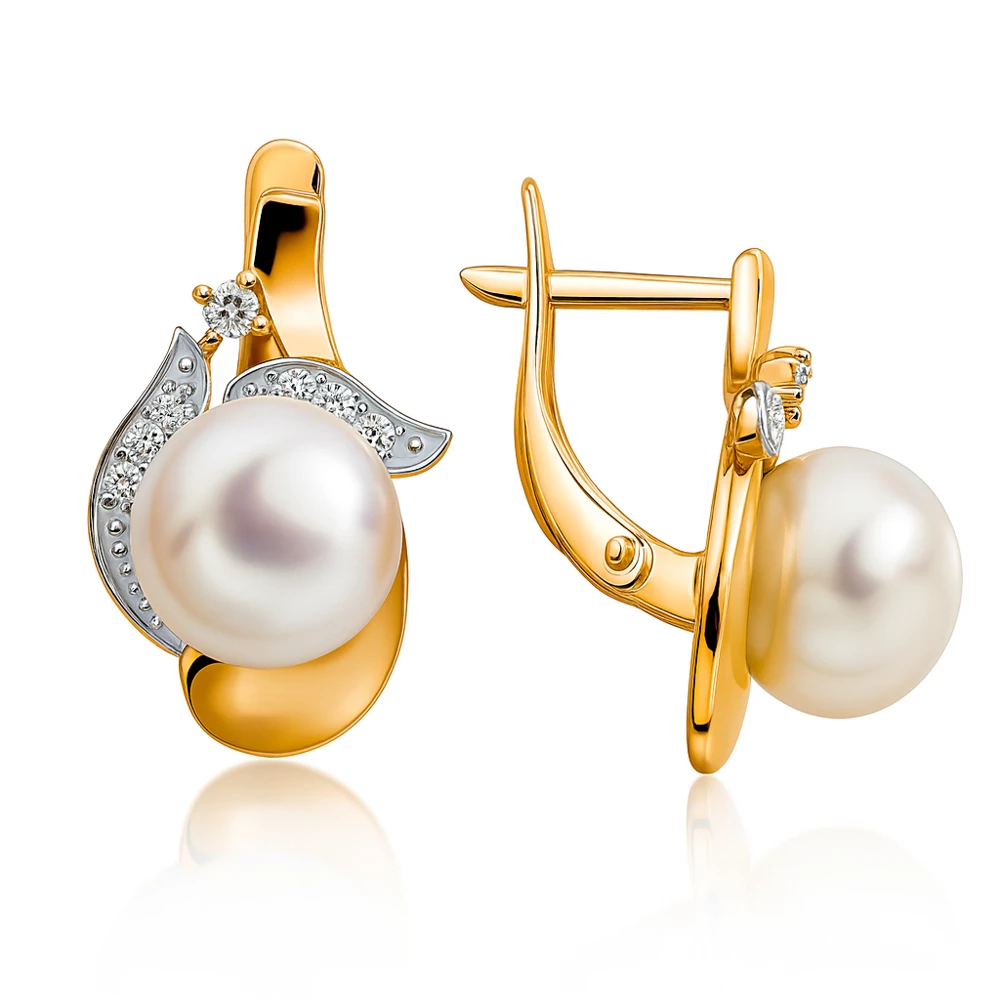 Серьги с культивированным жемчугом и бриллиантами из красного золота 585 пробы
