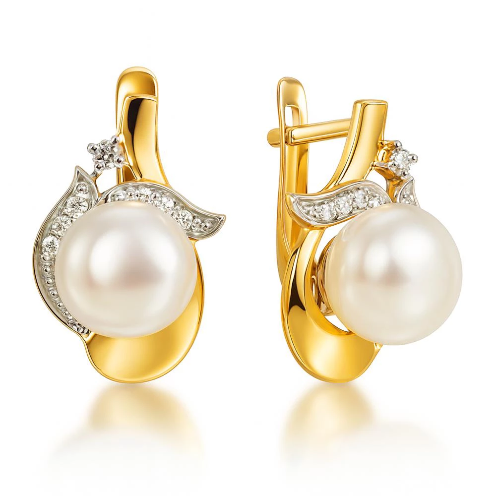 Серьги с культивированным жемчугом и бриллиантами из красного золота 585 пробы
