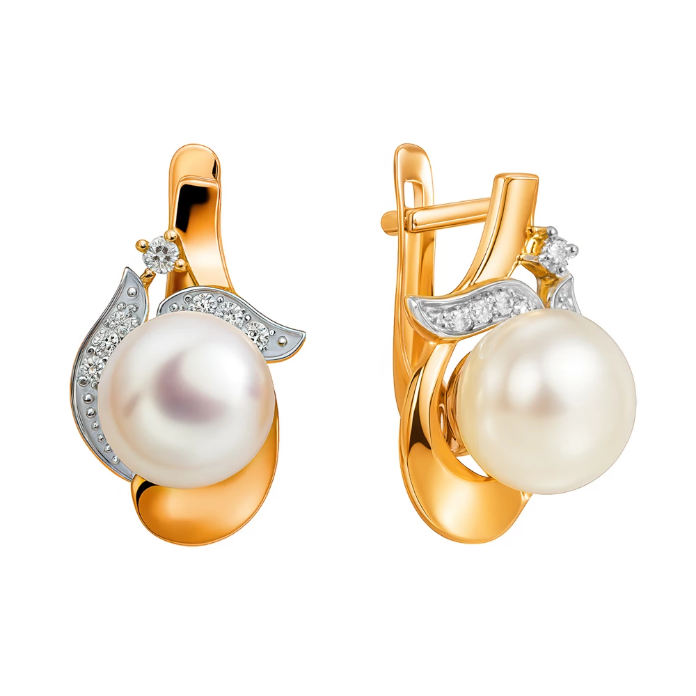 Серьги с культивированным жемчугом и бриллиантами из красного золота 585 пробы