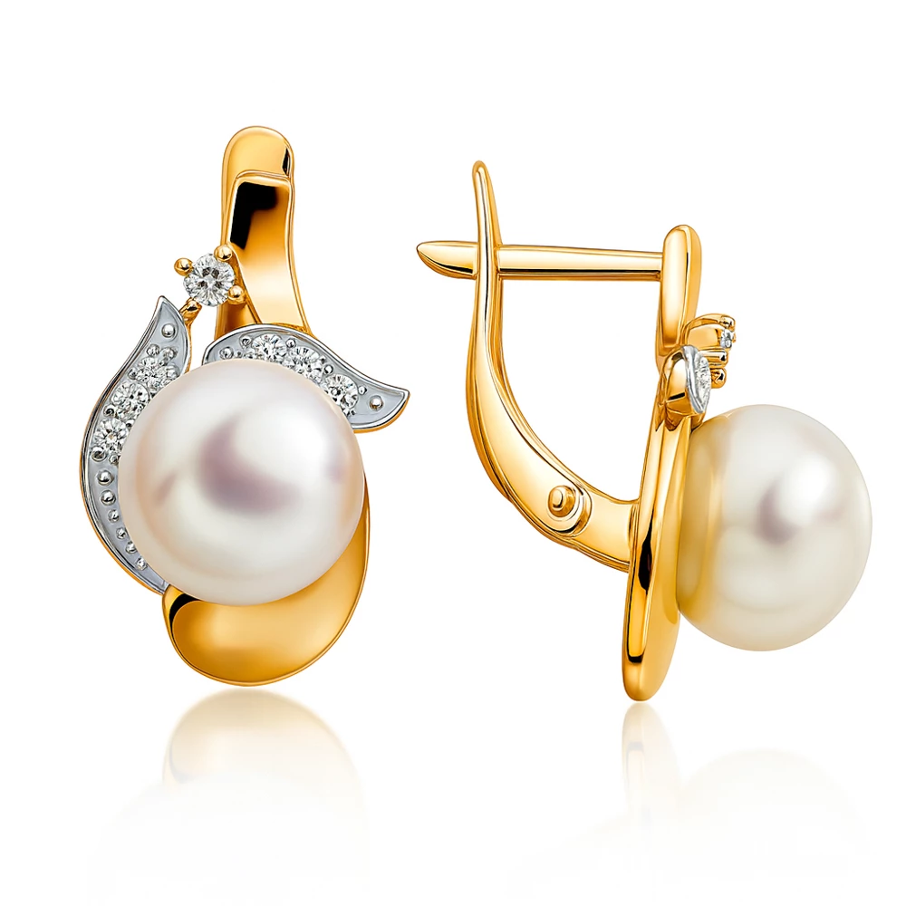 Серьги с культивированным жемчугом и бриллиантами из красного золота 585 пробы Серьги с культивированным жемчугом и бриллиантами из красного золота 585 пробы