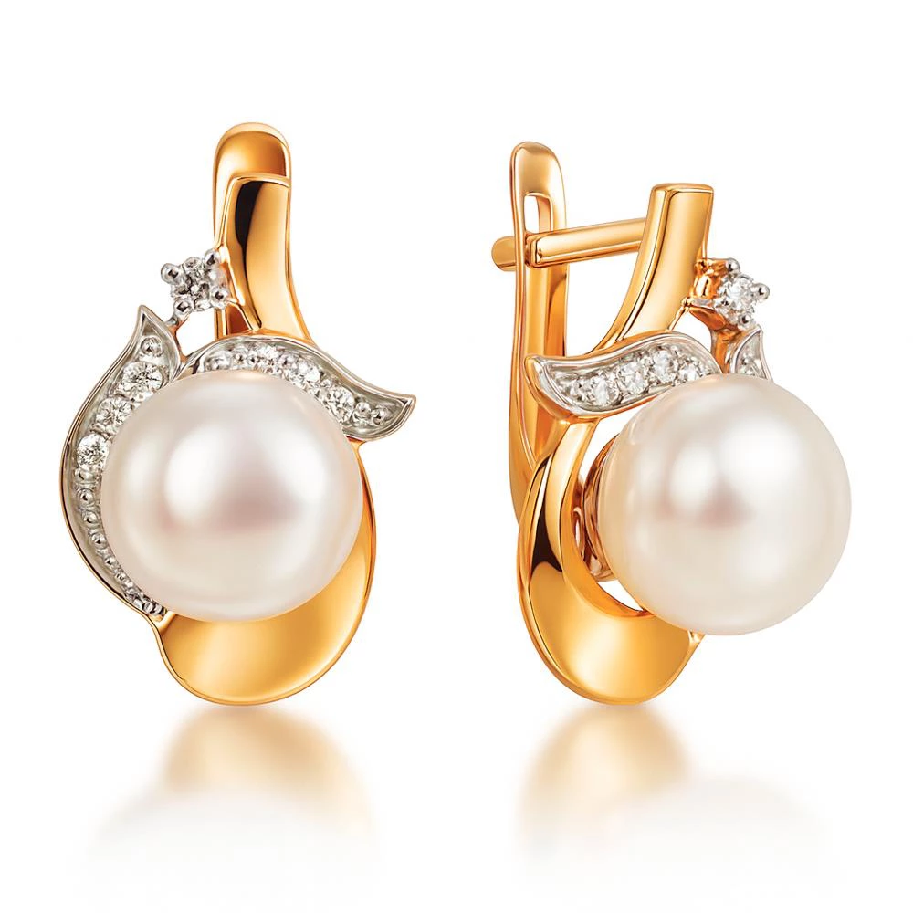 Серьги с культивированным жемчугом и бриллиантами из красного золота 585 пробы Серьги с культивированным жемчугом и бриллиантами из красного золота 585 пробы