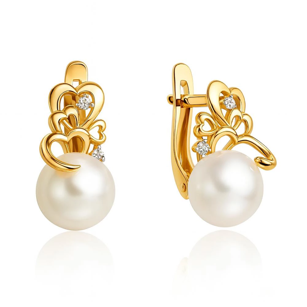 Серьги с культивированным жемчугом и фианитами из красного золота 585 пробы Серьги с культивированным жемчугом и фианитами из красного золота 585 пробы