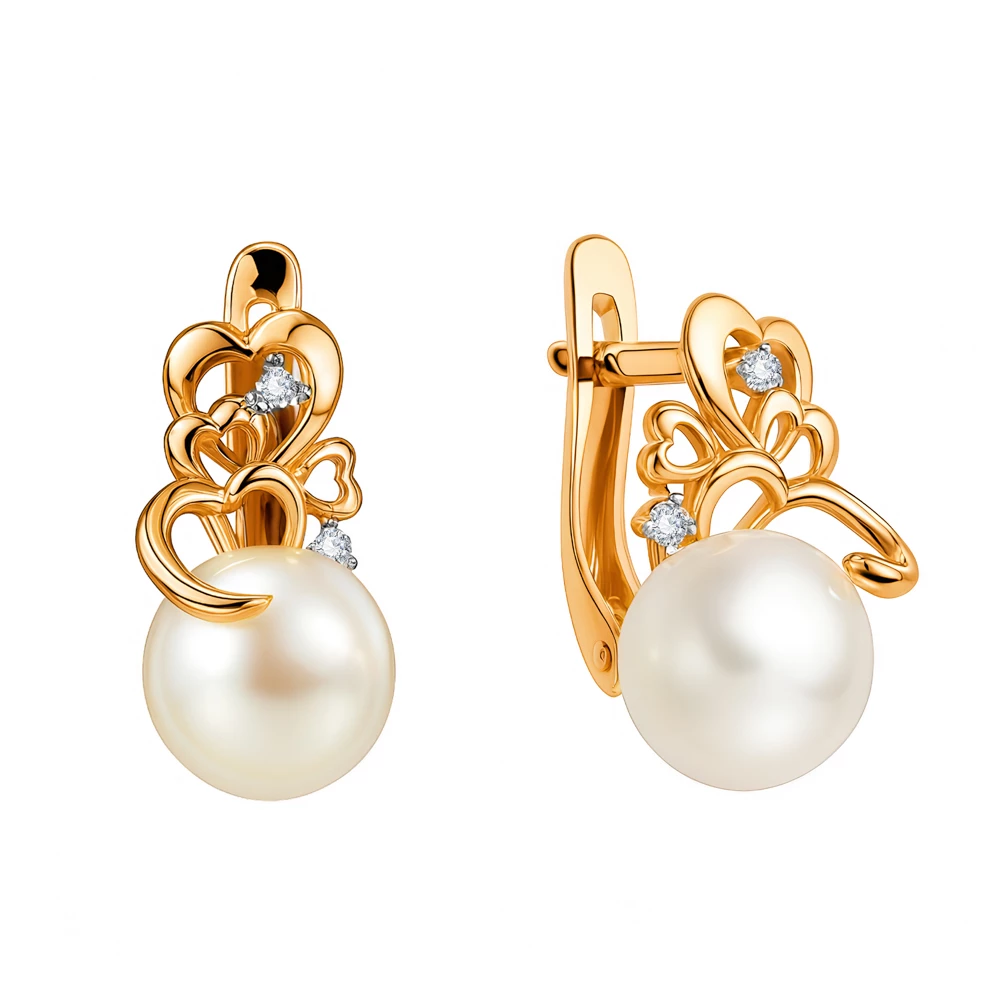 Серьги с культивированным жемчугом и фианитами из красного золота 585 пробы