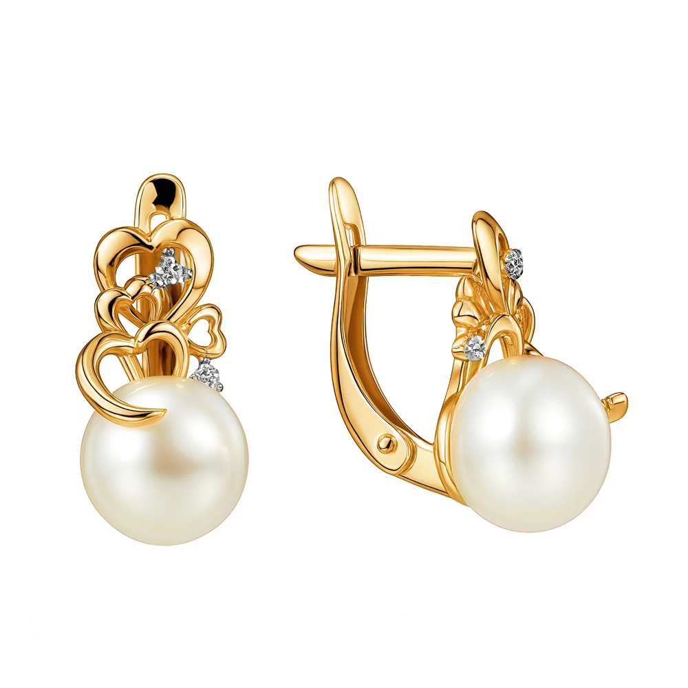 Серьги с культивированным жемчугом и фианитами из красного золота 585 пробы