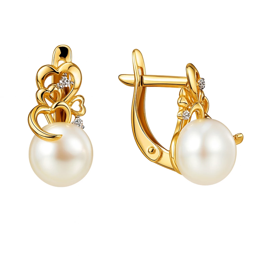 Серьги с культивированным жемчугом и фианитами из красного золота 585 пробы Серьги с культивированным жемчугом и фианитами из красного золота 585 пробы