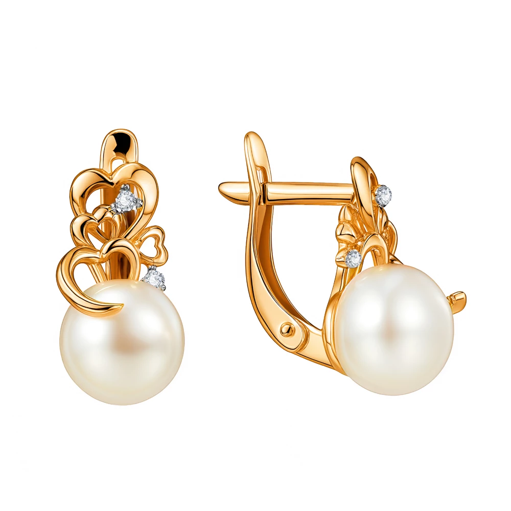 Серьги с культивированным жемчугом и фианитами из красного золота 585 пробы