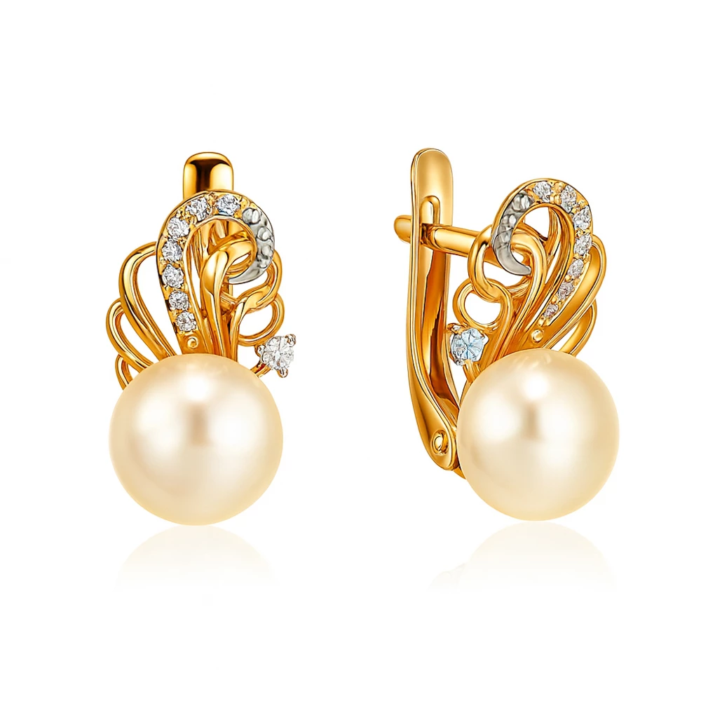 Серьги с культивированным жемчугом и фианитами из красного золота 585 пробы Серьги с культивированным жемчугом и фианитами из красного золота 585 пробы