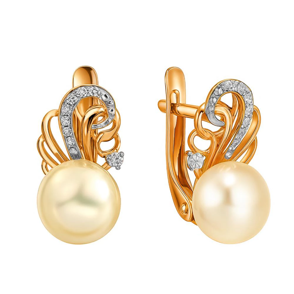 Серьги с культивированным жемчугом и фианитами из красного золота 585 пробы