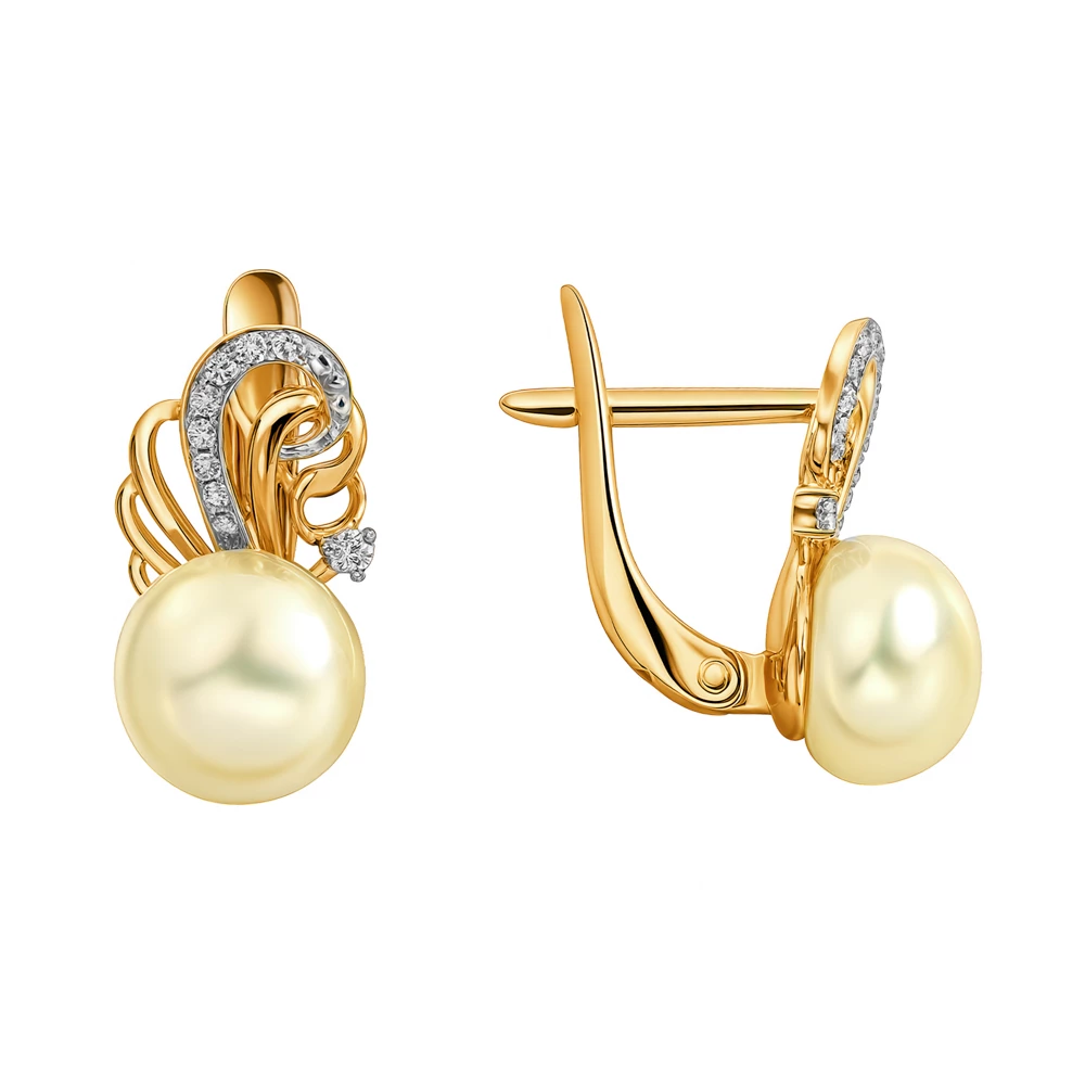 Серьги с культивированным жемчугом и фианитами из красного золота 585 пробы