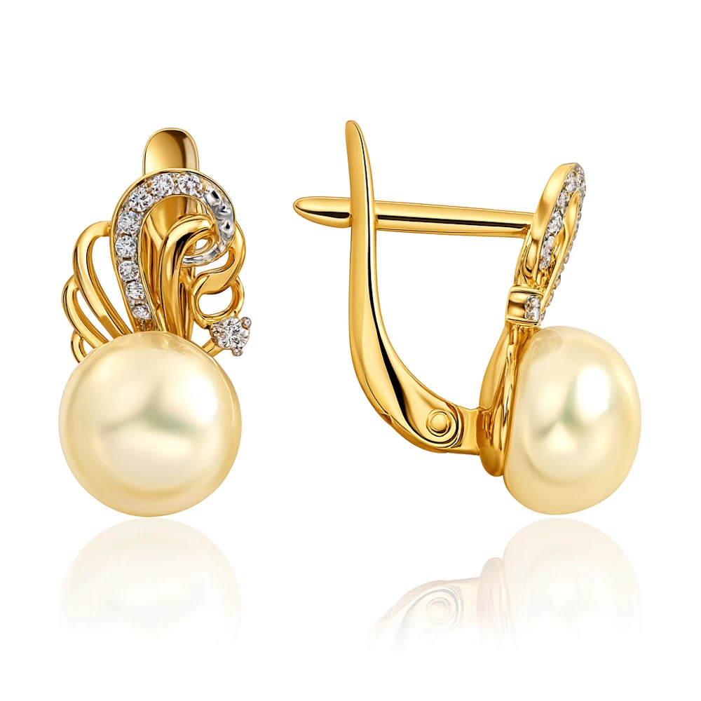 Серьги с культивированным жемчугом и фианитами из красного золота 585 пробы Серьги с культивированным жемчугом и фианитами из красного золота 585 пробы