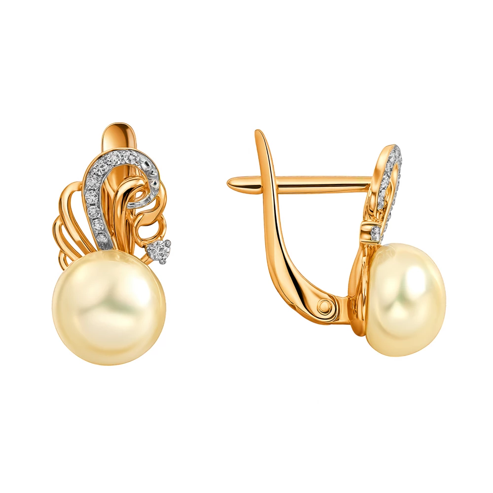 Серьги с культивированным жемчугом и фианитами из красного золота 585 пробы
