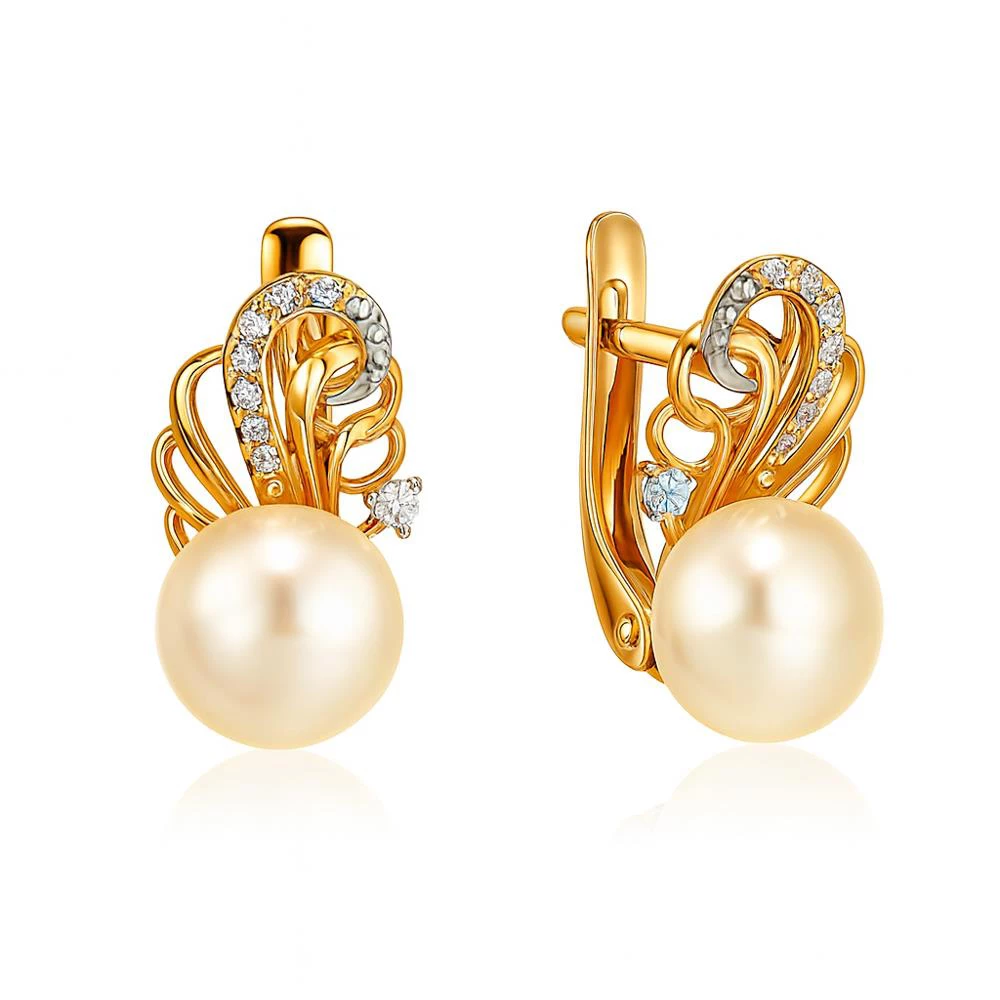 Серьги с культивированным жемчугом и фианитами из красного золота 585 пробы