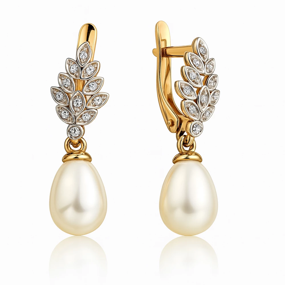 Серьги с культивированным жемчугом и фианитами из красного золота 585 пробы Серьги с культивированным жемчугом и фианитами из красного золота 585 пробы