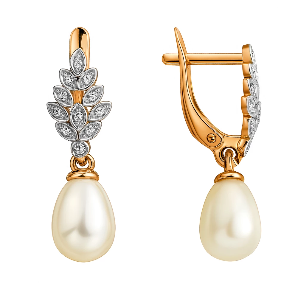 Серьги с культивированным жемчугом и фианитами из красного золота 585 пробы Серьги с культивированным жемчугом и фианитами из красного золота 585 пробы