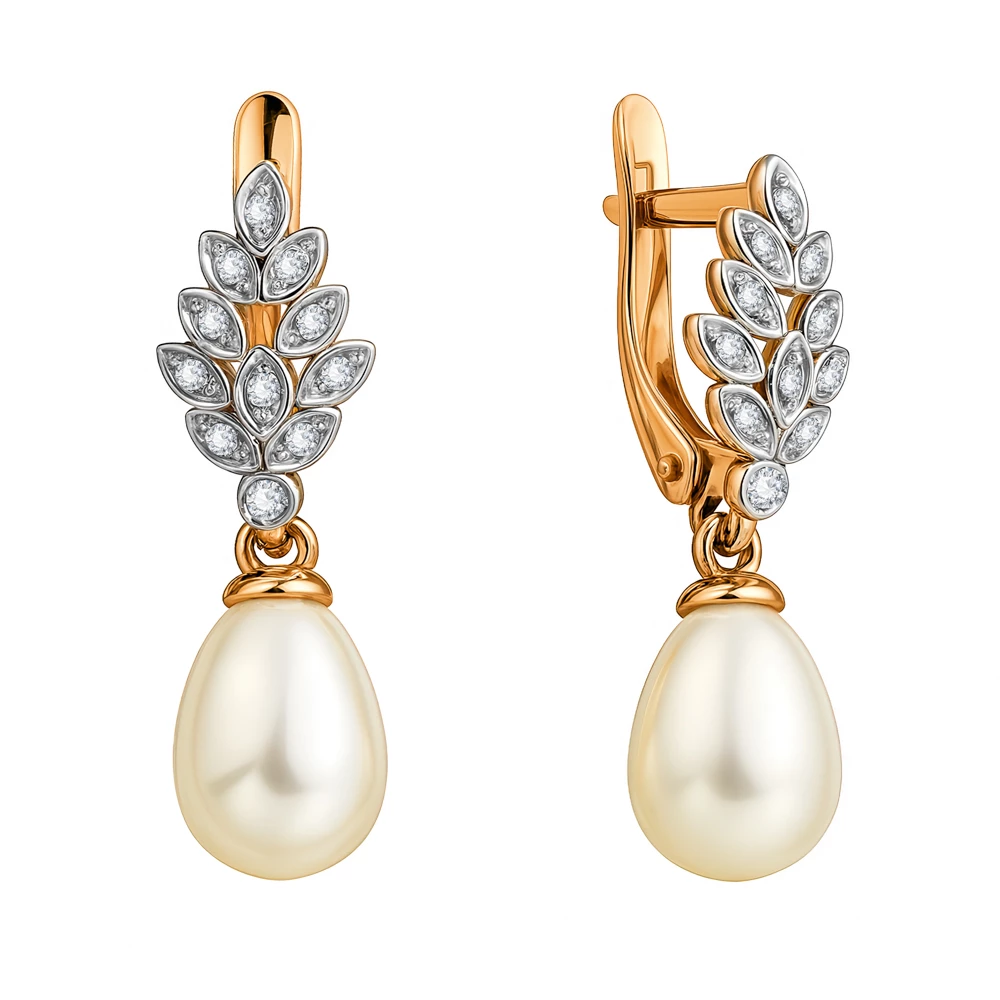 Серьги с культивированным жемчугом и фианитами из красного золота 585 пробы