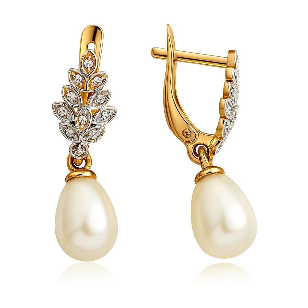 Серьги с культивированным жемчугом и фианитами из красного золота 585 пробы Серьги с культивированным жемчугом и фианитами из красного золота 585 пробы