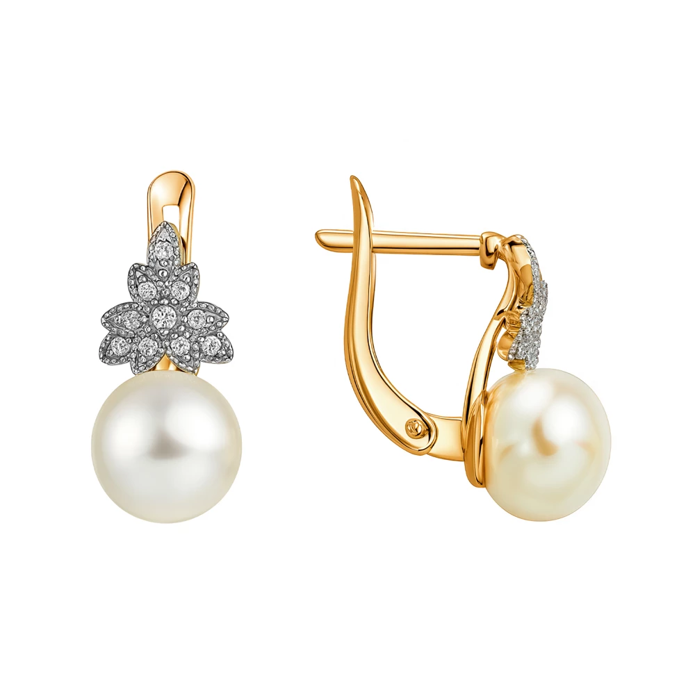 Серьги с культивированным жемчугом и фианитами из красного золота 585 пробы