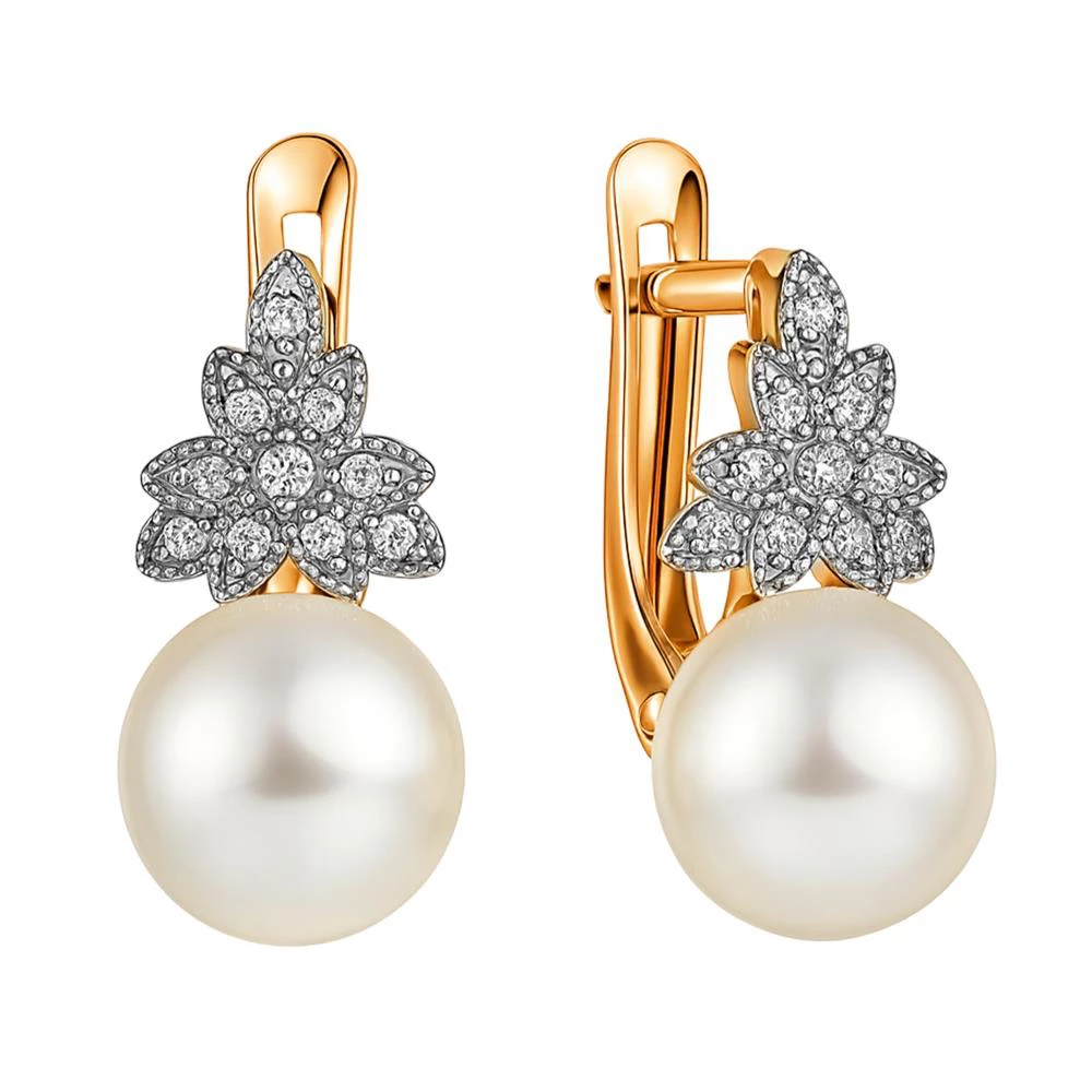Серьги с культивированным жемчугом и фианитами из красного золота 585 пробы