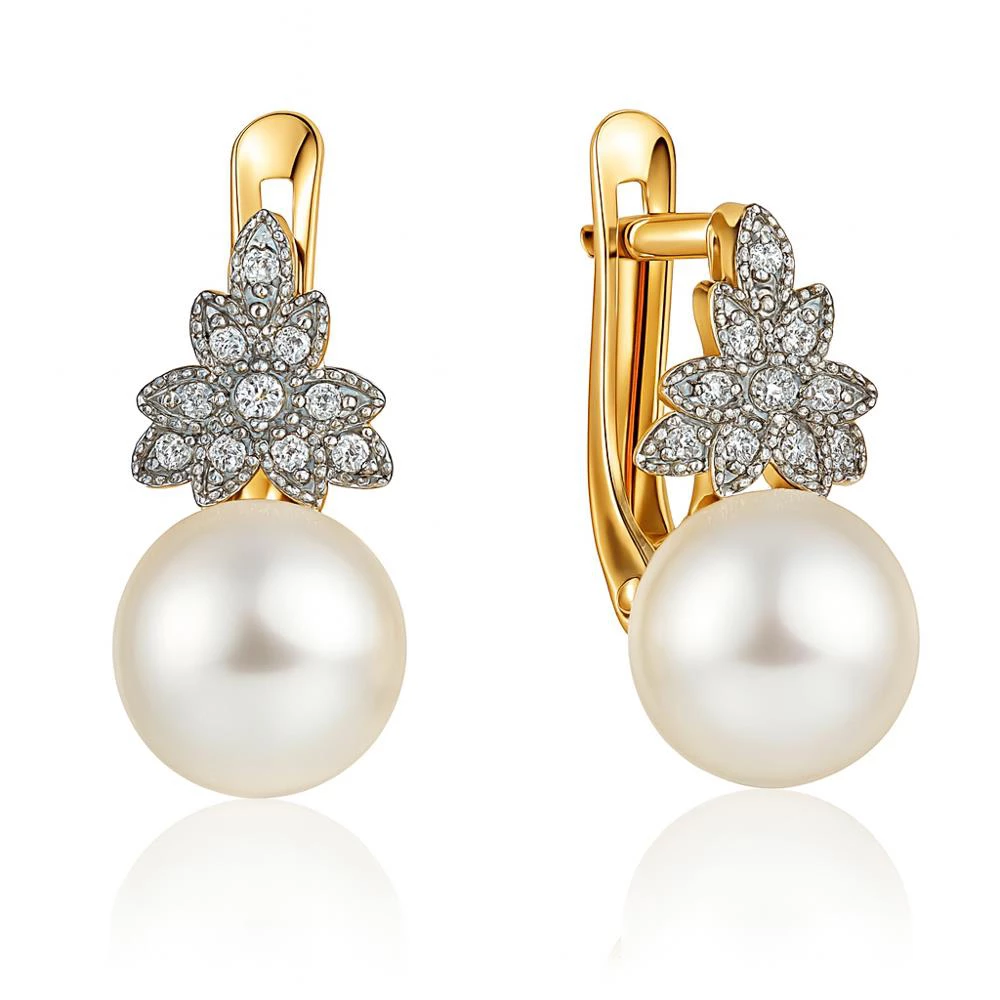 Серьги с культивированным жемчугом и фианитами из красного золота 585 пробы