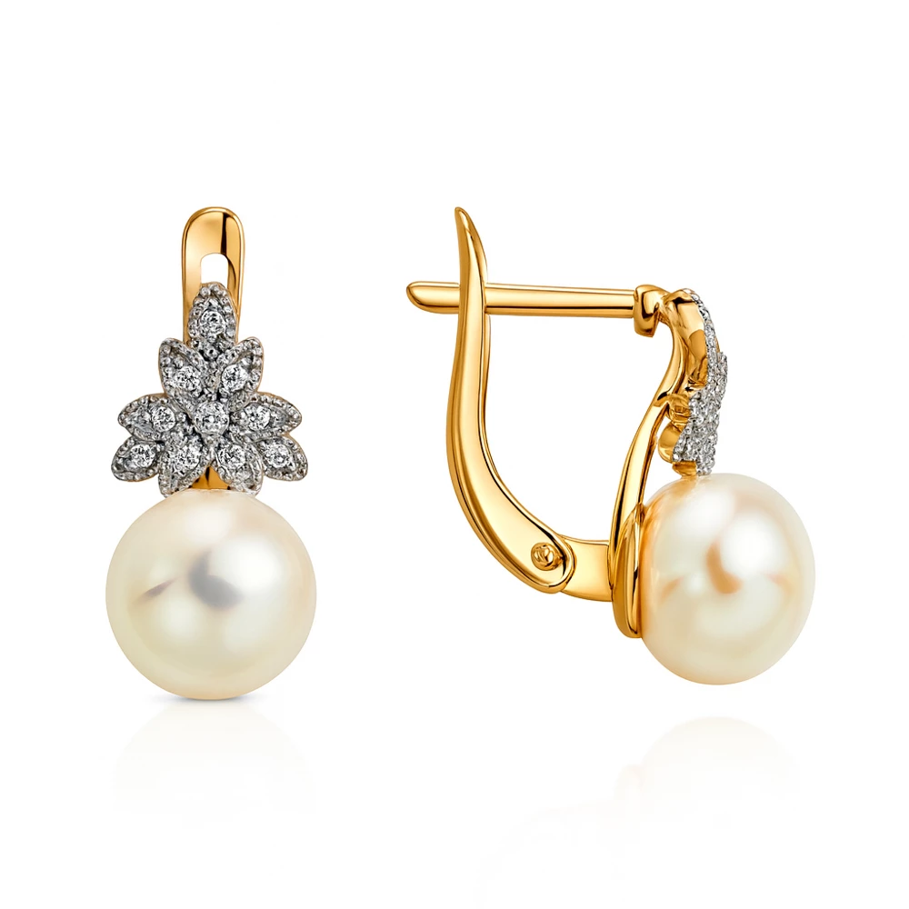 Серьги с культивированным жемчугом и фианитами из красного золота 585 пробы Серьги с культивированным жемчугом и фианитами из красного золота 585 пробы