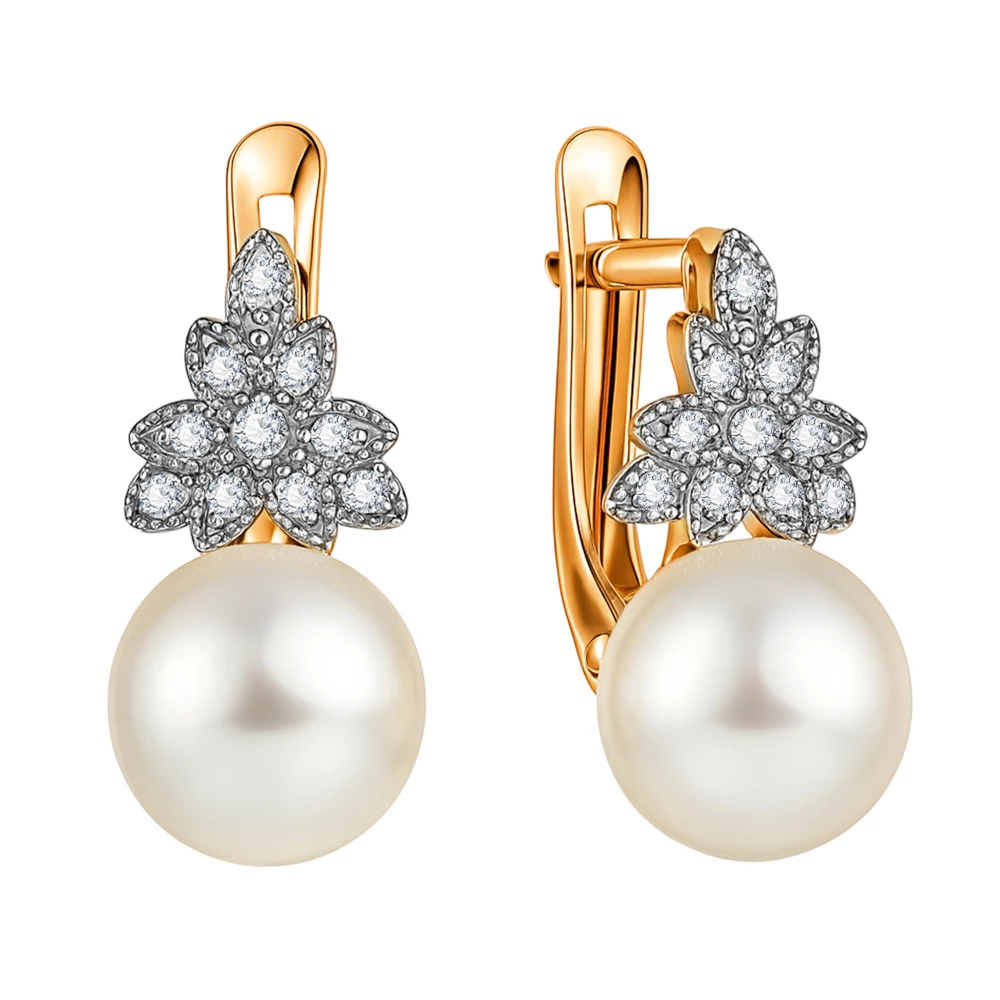 Серьги с культивированным жемчугом и фианитами из красного золота 585 пробы