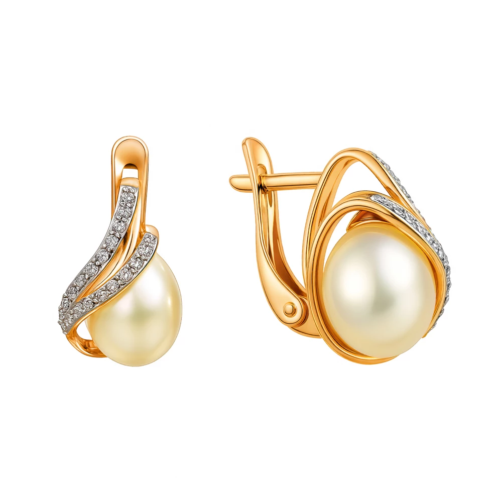 Серьги с культивированным жемчугом и фианитами из красного золота 585 пробы Серьги с культивированным жемчугом и фианитами из красного золота 585 пробы