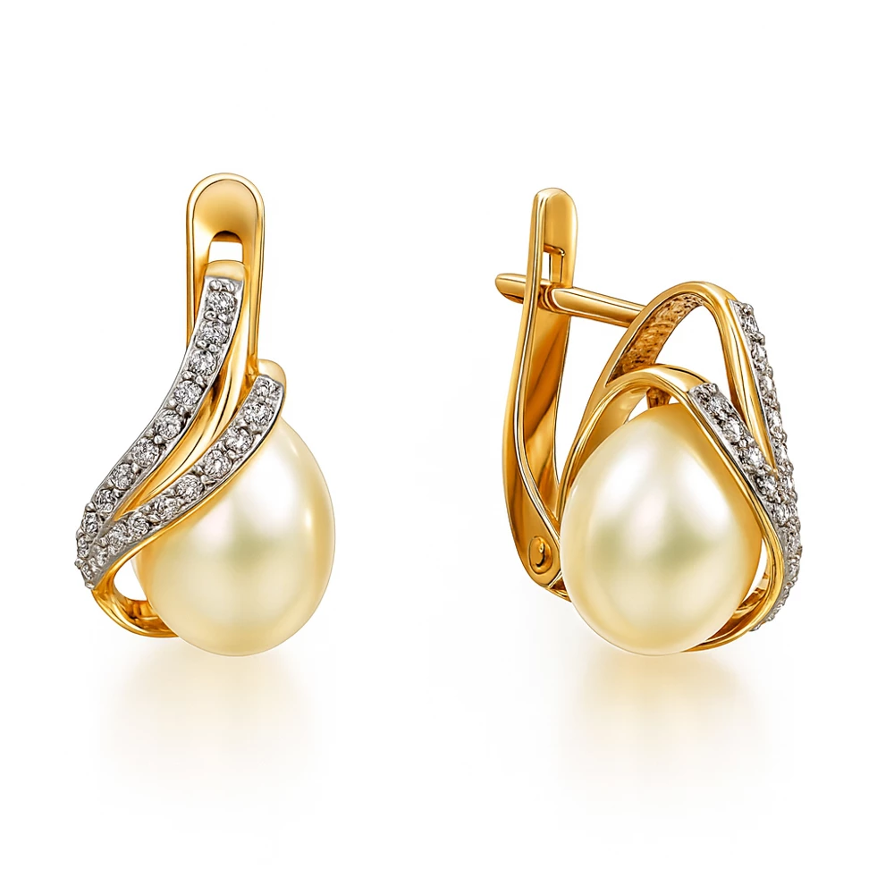 Серьги с культивированным жемчугом и фианитами из красного золота 585 пробы Серьги с культивированным жемчугом и фианитами из красного золота 585 пробы