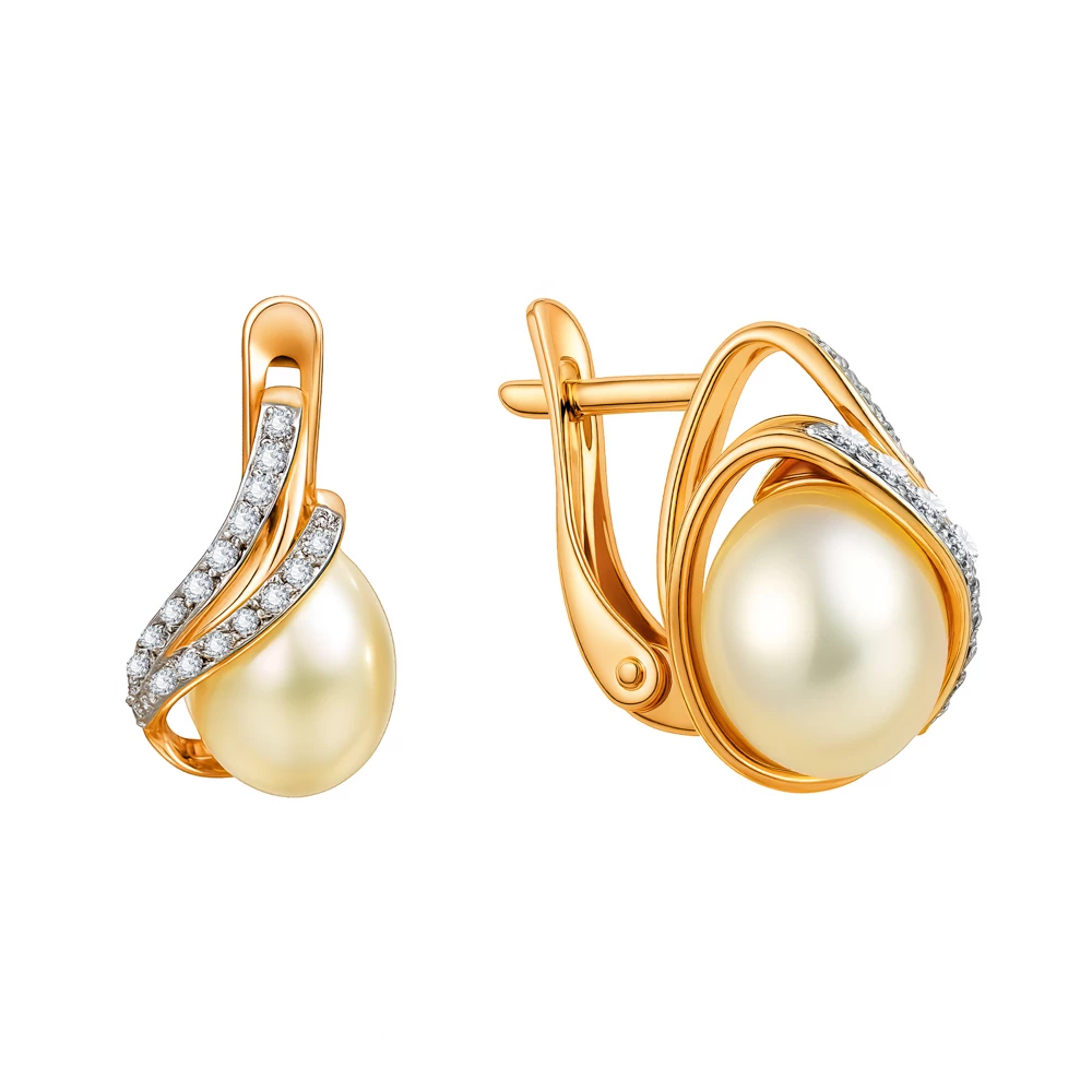 Серьги с культивированным жемчугом и фианитами из красного золота 585 пробы