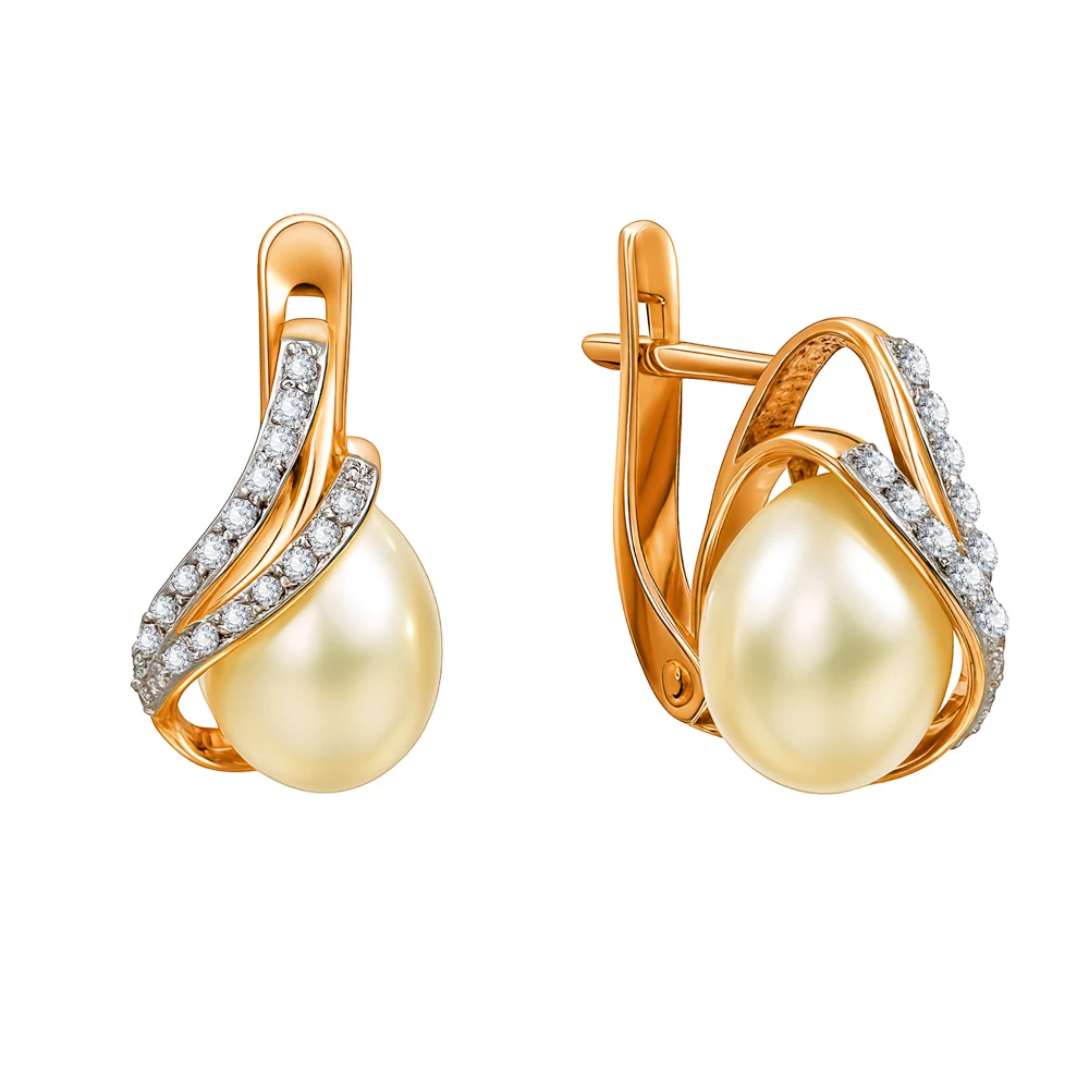 Серьги с культивированным жемчугом и фианитами из красного золота 585 пробы