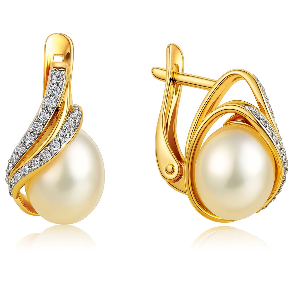 Серьги с культивированным жемчугом и фианитами из красного золота 585 пробы Серьги с культивированным жемчугом и фианитами из красного золота 585 пробы